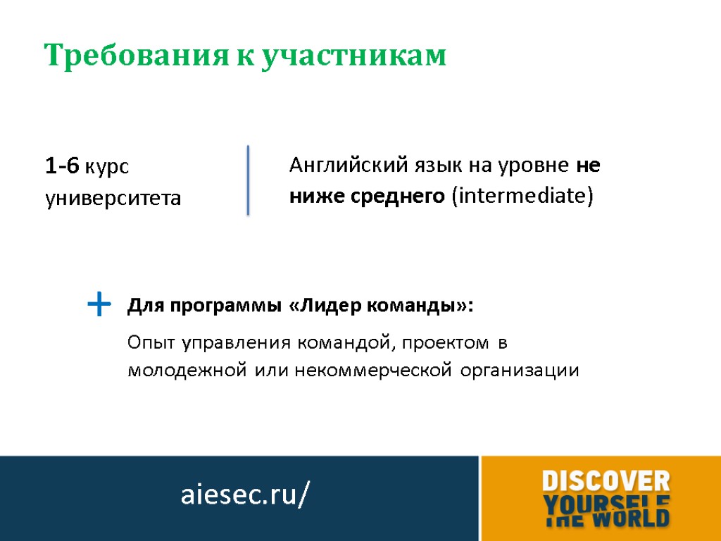Требования к участникам aiesec.ru/ 1-6 курс университета Для программы «Лидер команды»: Опыт управления командой,